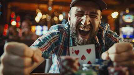 A Excited Man Victorious in Poker Game at Casino