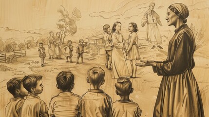 St. Mary MacKillop Teaching Children in 19th-Century Australia, Biblical Illustration, Beige Background, Copyspace © T Studio