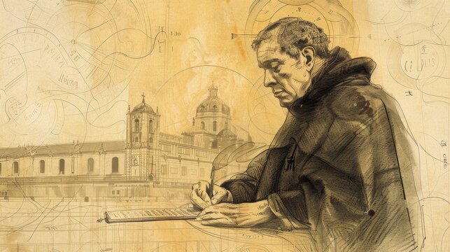 St. Thomas Aquinas in Scholarly Setting Surrounded by Books and Divine Light, Biblical Illustration, Beige Background, Copyspace