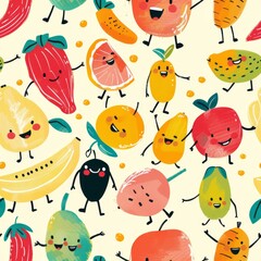 Naklejka premium whimsical seamless pattern of fruit characters with smiley faces