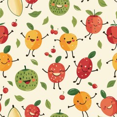 whimsical seamless pattern of fruit characters with smiley faces