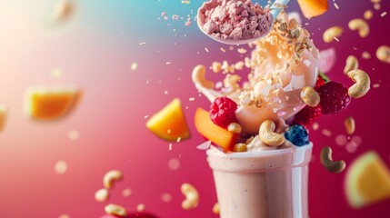 Adding protein powder to a shaker bottle It has ingredients like fruits and nuts.