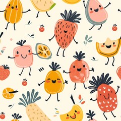 whimsical seamless pattern of fruit characters with smiley faces