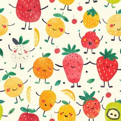 whimsical seamless pattern of fruit characters with smiley faces