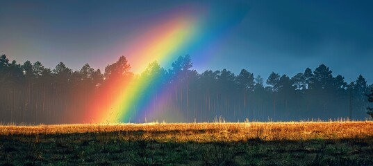 Rainbow on the field. LGBT pride gender equality symbol. Generative AI technology.	
