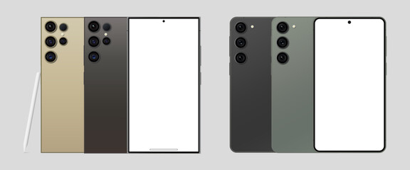 Samsung Galaxy S23, and S24 Ultra. New Release Android Smartphone mockup in two colors with background . Realistic vector mock up. Vector illustration