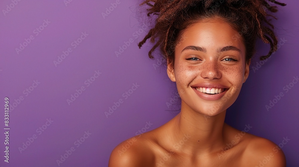 Wall mural woman with glowing, healthy face skin, smiling broadly