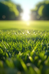 close up of green grass with blurred garden background