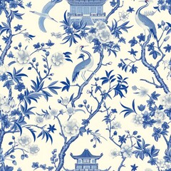 Fototapeta premium seamless chinoiserie pattern with delicate blossoms and pagodas