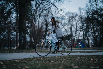 Obraz premium Peaceful evening park scene with a woman riding a bicycle on a path, encapsulating a sense of freedom and relaxation
