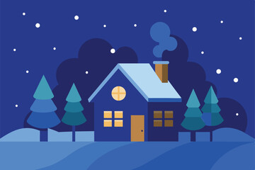 House in Night Snow Fall Winter vector Illustration