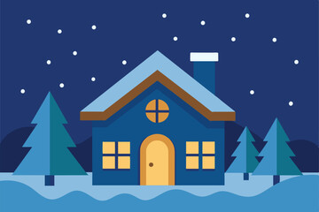 House in Night Snow Fall Winter vector Illustration