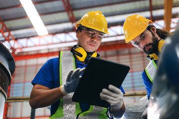 Two young caucasian workers using digital tablet to check product stock at the product drop-off point in the factory.