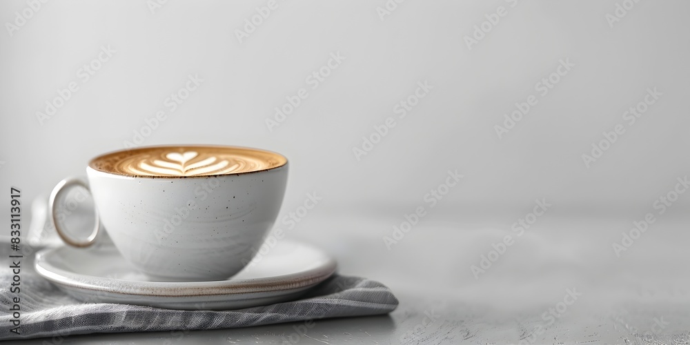 Wall mural Elegant Cappuccino with Latte Art in Ceramic Cup Against Minimalist White Background