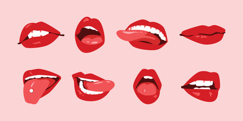 set of sexy woman's lips with red lipstick, white teeth, and tongue out. mouth icon. flat vector illustration.