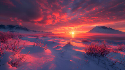 An ultra HD view of a nature tundra at sunrise, the sky glowing with vibrant colors and the snow reflecting the light