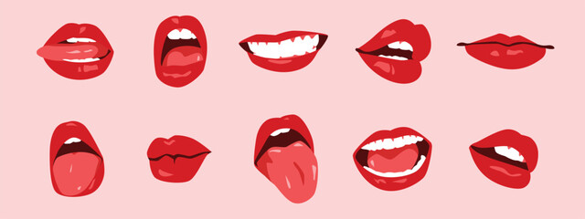 set of sexy woman's lips with red lipstick, white teeth, and tongue out. mouth icon. flat vector illustration.