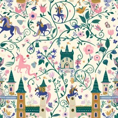 Naklejka premium seamless pattern of storybook castles, unicorns, and princess characters