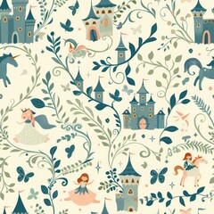 Obraz premium seamless pattern of storybook castles, unicorns, and princess characters