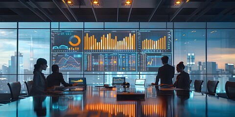 Dynamic Business Team Analyzing Financial Data on Advanced Screens in High Tech Corporate Office Environment