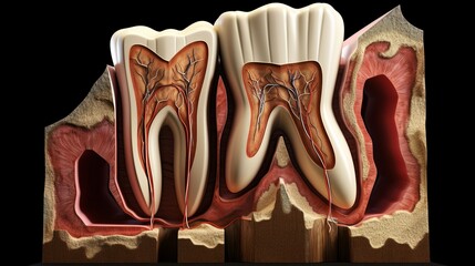 Detailed Tooth Cross Section Anatomy on Science Background in 3D Illustration