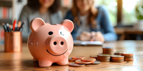 Couple Strategizing for Their Children s Educational Future with a Piggy Bank on the Table