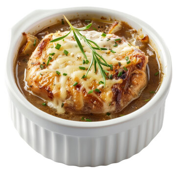 a white bowl of French onion soup chicken isolated on transparent background