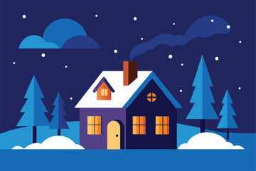 House in Night Snow Fall Winter vector Illustration