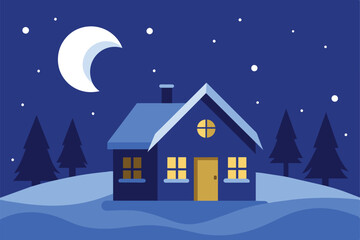 House in Night Snow Fall Winter vector Illustration