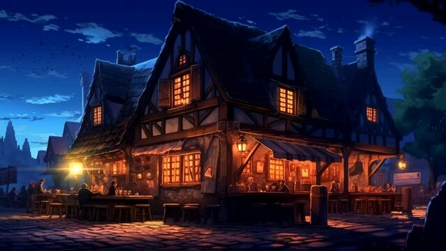Medieval tavern exterior at night. Looping time-lapse animation background