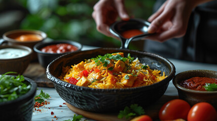 Bowl of Fresh Delicious Paneer Tikka Masala and White Rice Served On Table On Blur Background