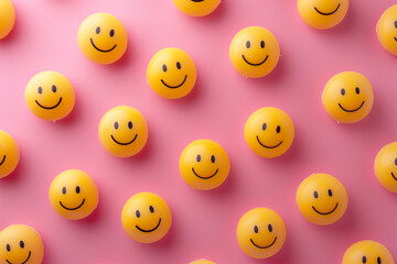 Smiling emojis on a pink background, social networking and communication top view


