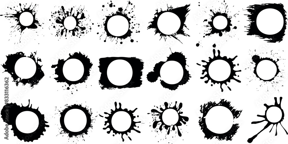 Poster ink splatter vector paint splashes set, black ink splatters isolated design elements, creative abstr