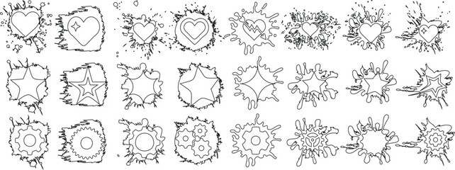 Fototapeta premium Creative doodle set featuring heart, star, and gear splash elements. Ideal for unique design projects. Hand drawn, bursting with creativity