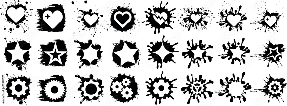 Wall mural Grunge heart gear and star splatter icon set, black and white, various designs, artistic splashes, vector graphics, abstract shapes isolated digital art - Wall murals