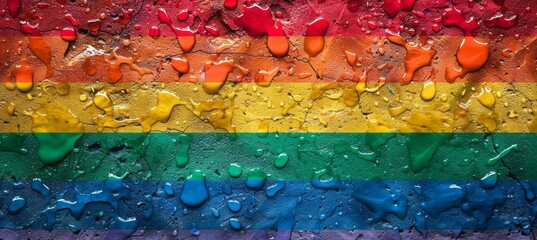 Fototapeta premium Rainbow paint with wet water background. LGBT pride gender equality wallpaper. Generative AI technology. 