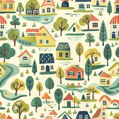 Obraz premium seamless pattern of village houses, trees, and vehicles