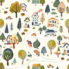 Obraz premium seamless pattern of village houses, trees, and vehicles