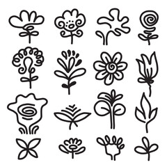 a collection of hand-drawn flower images such as bellflower, chrysanthemums, sunflowers, cotton flowers, and tropical leaves