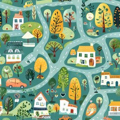 seamless pattern of village houses, trees, and vehicles