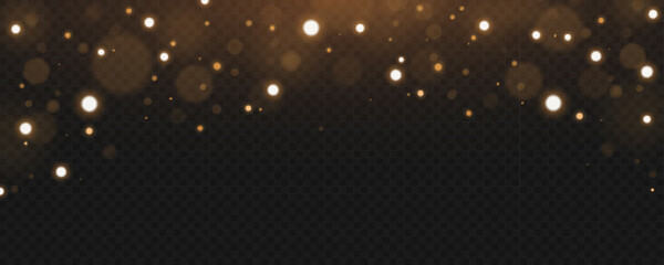 Falling lights bokeh with bright glares isolated on dark transparent background. Flare and glare. Light effect. Vector. EPS 10.