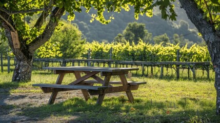 Naklejka premium A beautiful wooden picnic table set ast the gvines inviting visitors to relax and enjoy the serene surroundings.