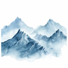 Watercolor painting of a rugged mountain range, with jagged peaks and swirling mist, on isolated white background, Generative AI