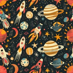 seamless pattern of retro futuristic with aliens, rocky planets, and rocket ships