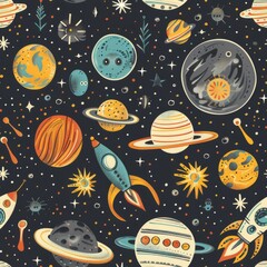 Naklejka premium seamless pattern of retro futuristic with aliens, rocky planets, and rocket ships