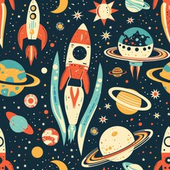 Naklejka premium seamless pattern of retro futuristic with aliens, rocky planets, and rocket ships