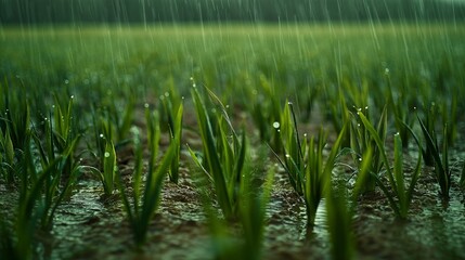 Obraz premium A rain-soaked field of grass after a storm, with each blade dripping with water and the earthy tones of the soil subtly peeping through the green.