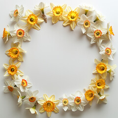 Daffodil flowers crown frame on white background, space in the middle