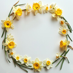 Daffodil flowers crown frame on white background, space in the middle