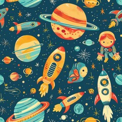 seamless pattern of retro futuristic with aliens, rocky planets, and rocket ships